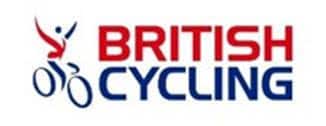 British Cycling logo featuring a cyclist silhouette and bold red and blue text, representing the UK's national cycling organisation.